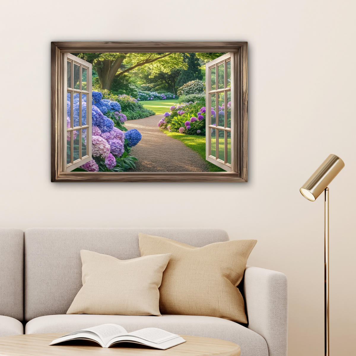 LEINWANDBILD Aussicht - Garten - Fenster - Hortensie - Blumen Wandbilder 80x60 cm - Pastellblau, Textil (80/60cm) - MuchoWow