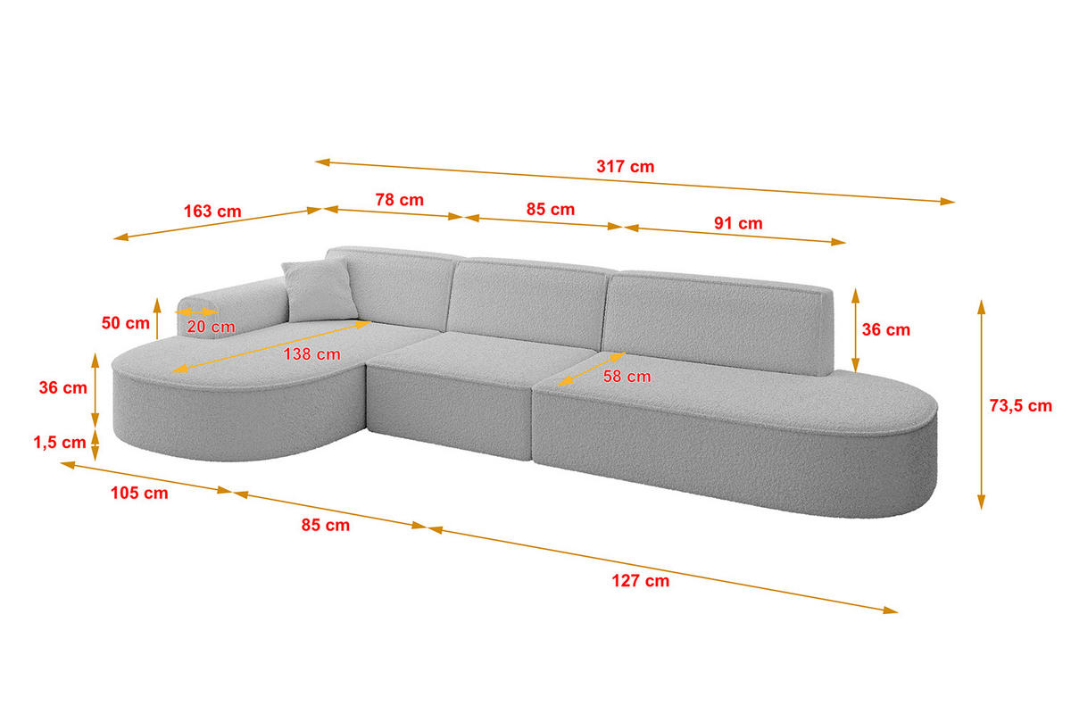ECKSOFA Ottomane Links MARI-L2 - 317x163x73,5 cm Hellgrau Bouclé - Hellgrau/Schwarz, Holzwerkstoff/Kunststoff (165/321cm) - ALTDECOR