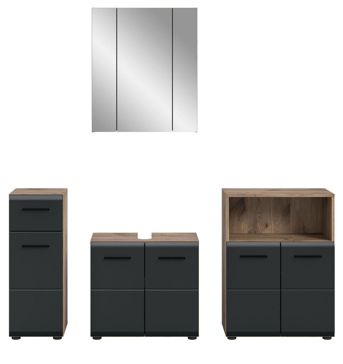 BADMÖBEL-SET 4-teilig schwarz matt, Eiche Nox, Badezimmer mit viel Stauraum, 180 x 185 cm - Eichefarben/Schwarz, Glas/Holzwerkstoff (180/185/30cm) - Inn.Furn