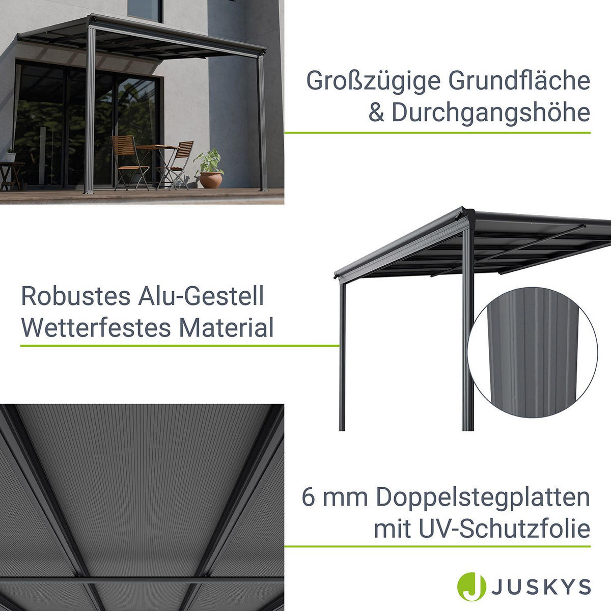 TERRASSENDACH Borneo Aluminium 3x3m dunkelgrau - Dunkelgrau, Metall (312/278/303cm) - Juskys