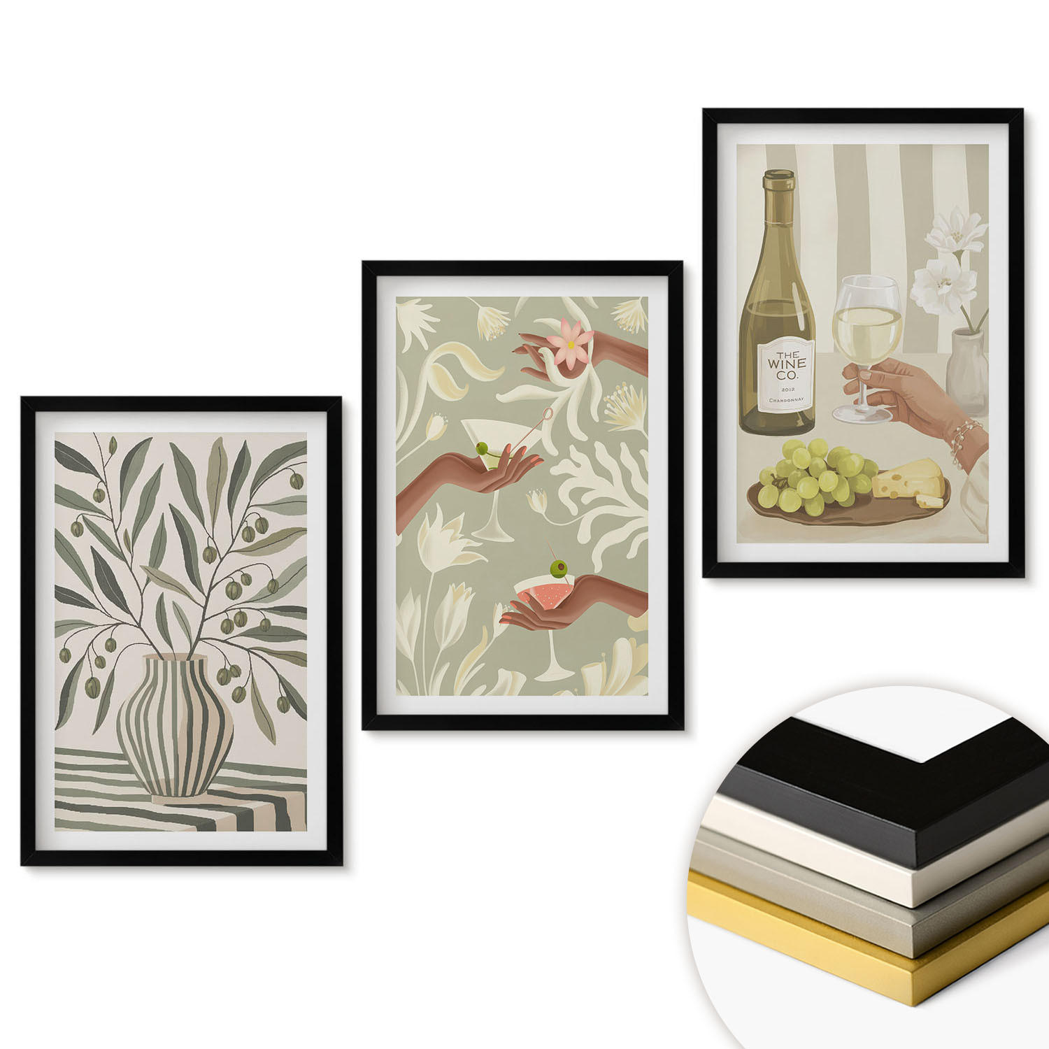 WANDBILDER 3er-Set - 40x60 cm Schwarzer Rahmen - Rustikale Cocktails mit Olivenblüten - Schwarz, Kunststoff (40/60cm) - ArtPrintCave