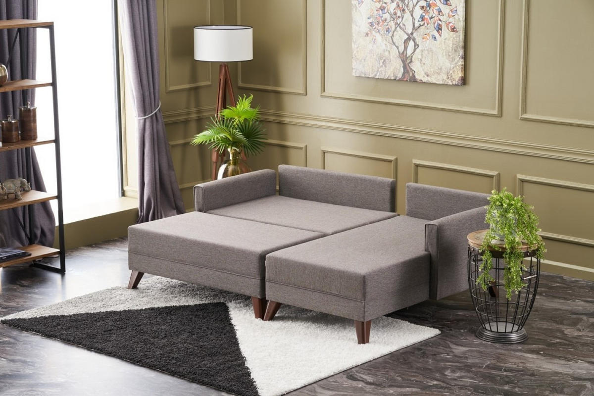 ECKSOFA mit Hocker als Schlaffläche, perfekt für kleine Räume - Taupe/Walnussfarben, Holz/Kunststoff (140/205cm) - myHomelando