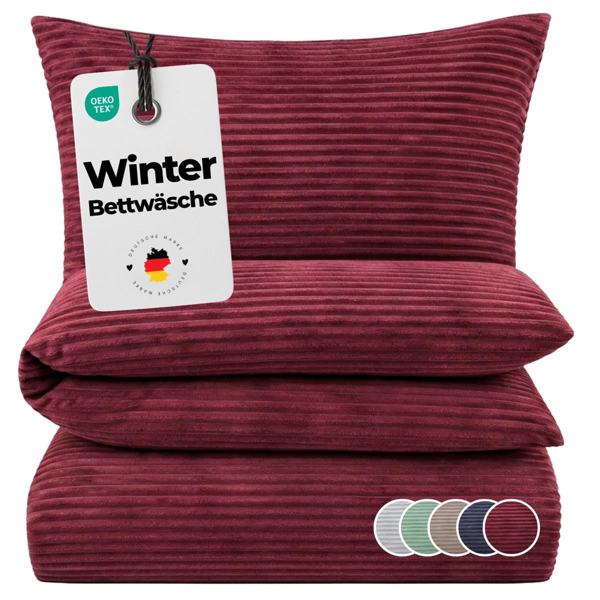 WINTER-BETTWÄSCHE 135x200 Cashmere Touch - Warme Cord Plüsch Fleece Kuschelbettwäsche- Bordo - Bordeaux, Textil (135/200cm) - Carpe Sonno