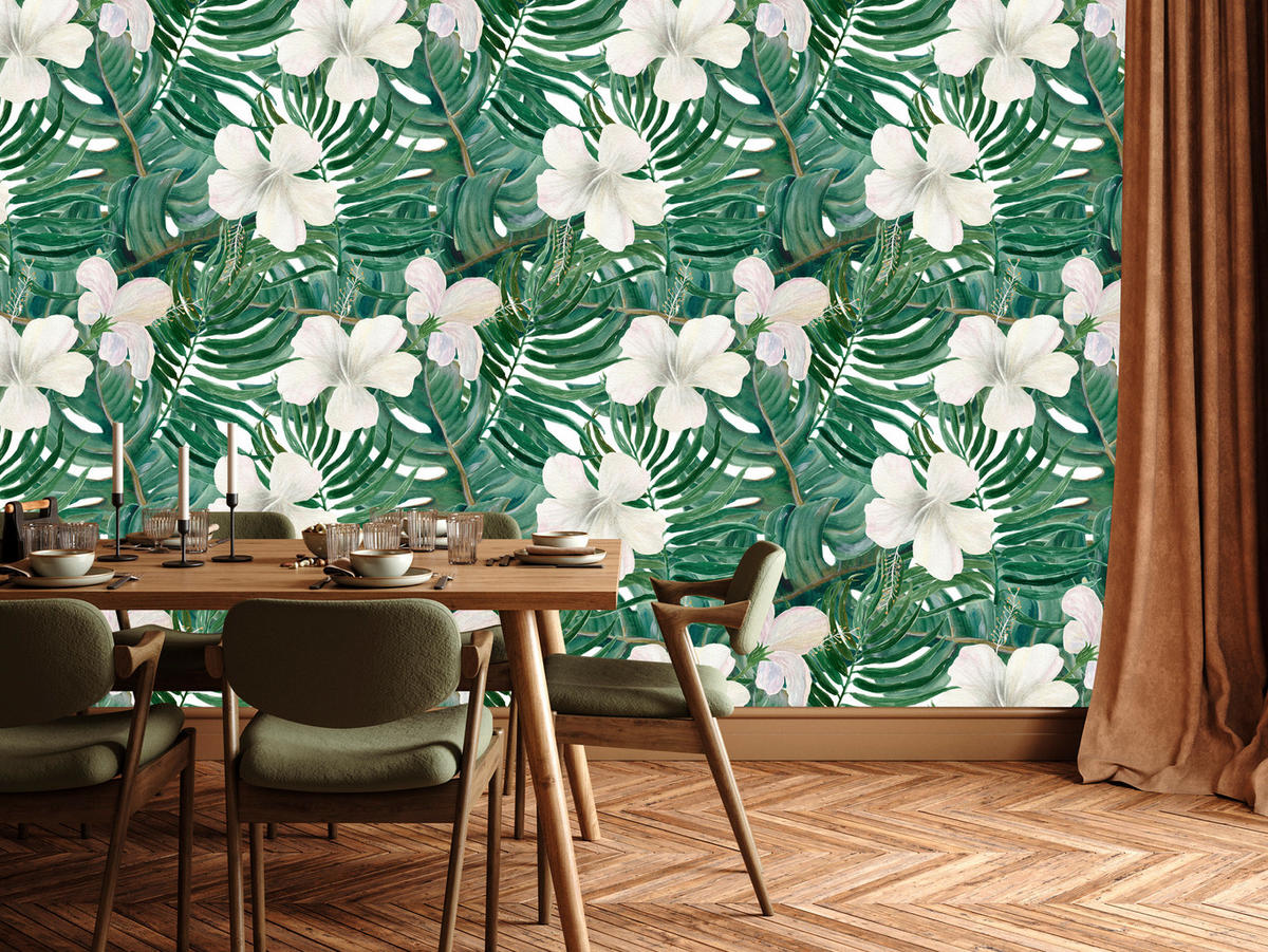 VLIESTAPETE Monstera und Hibiskusblüten – Grün, Weiß – 50x1000 cm - Weiß/Grün, Papier (50/1000cm) - Muralo