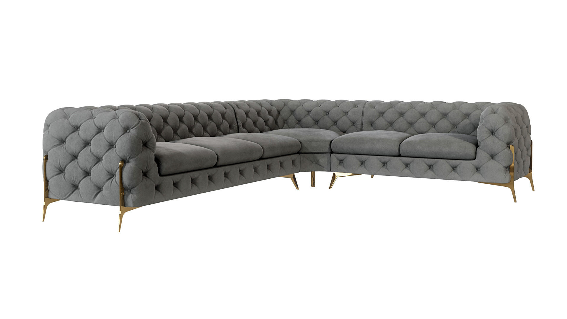 S-Style CHESTERFIELD ROHOVÁ SEDAČKA Lexi ze šedého sametu se zlatými nohami - otoman vpravo