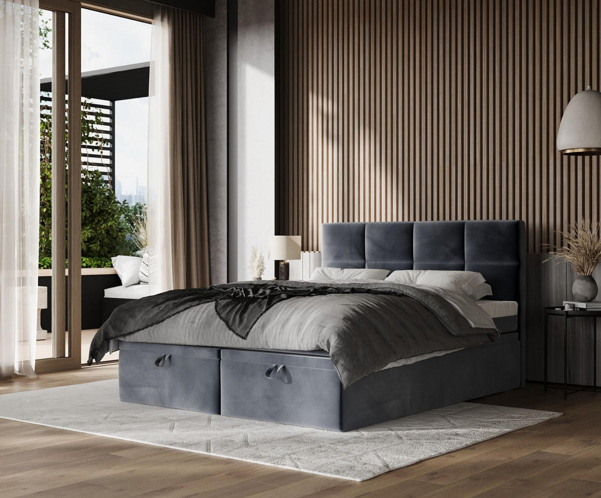 BOXBETT Tessa 160/200 cm Dunkelgrau im Kronos Stoff - Dunkelgrau/Schwarz, Holz/Holzwerkstoff (160/200cm) - AltaBeds