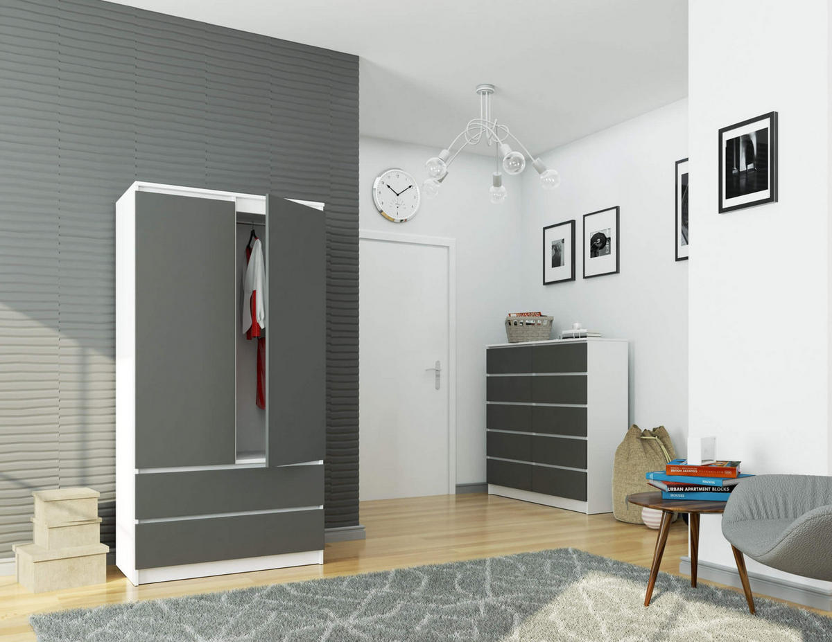 KLEIDERSCHRANK Weiß, Graphit Grau 180/90/51 - Weiß/Grau, Holzwerkstoff (90/180/51cm) - RAUMHIRSCH FURNITURE