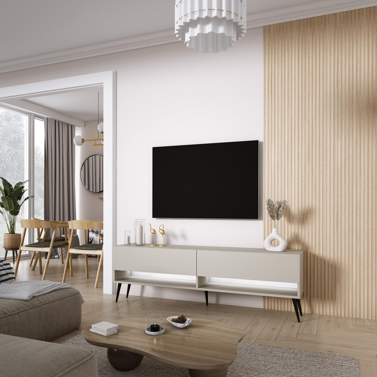 TV-LOWBOARD 170 cm Kaschmir, schwarze schräge Beine, weiße LED, 170 × 32 × 52 cm - Beige, Holzwerkstoff (170/52/32cm) - 3XE LIVING