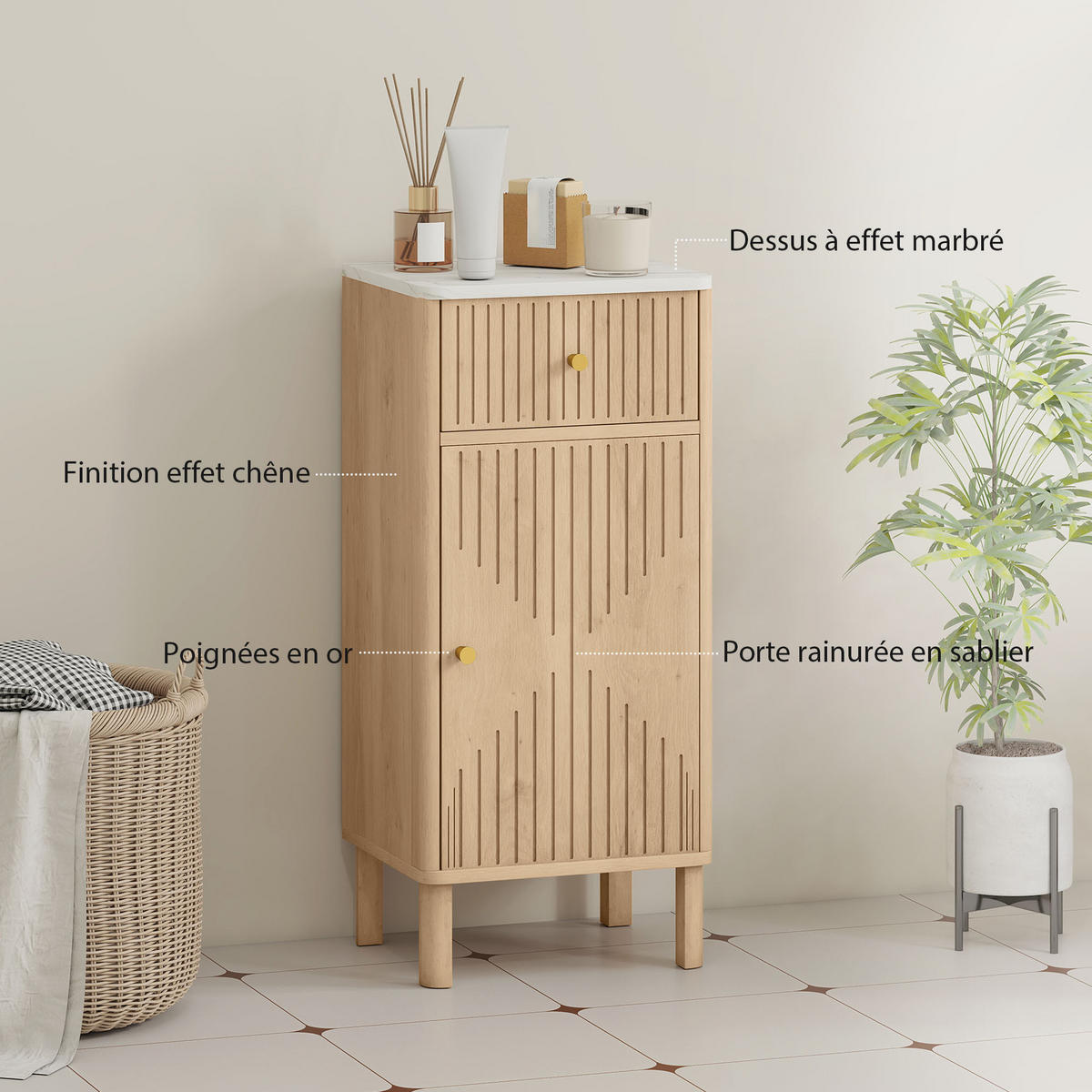 BADEZIMMERSCHRANK Eichefarben und Marmor-Optik 36/30/80 cm - Eichefarben, Holzwerkstoff (36/80/30cm) - PANGIVO