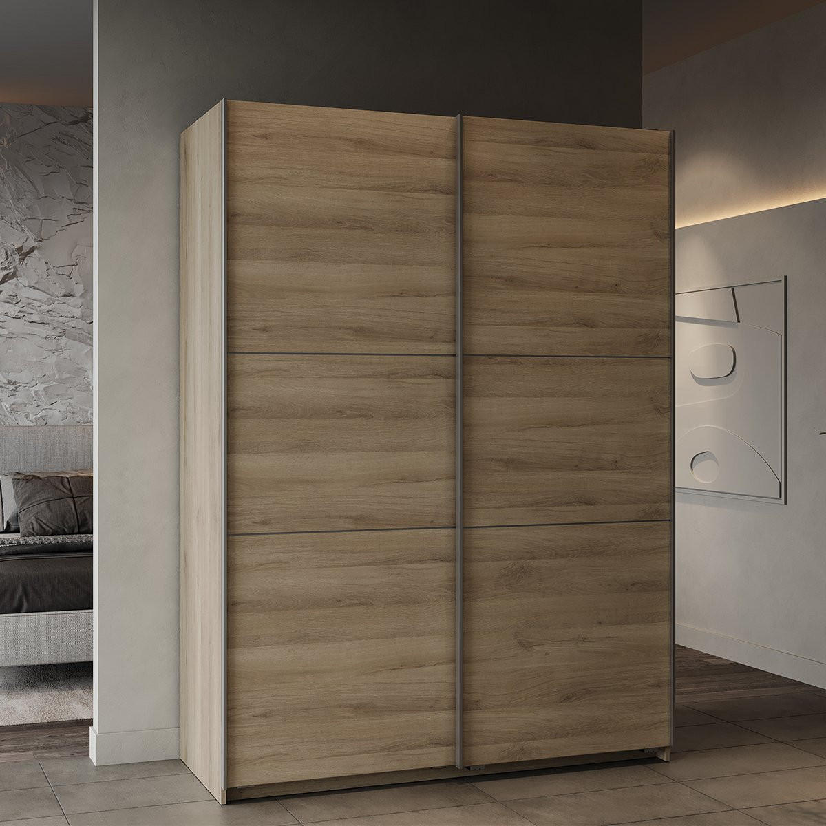 SCHRANK, 2 Schiebetüren - GHOST - Eiche - 148 x 59,9 x 203 cm - Beige, Holz (59.9/203/148cm) - Demeyere