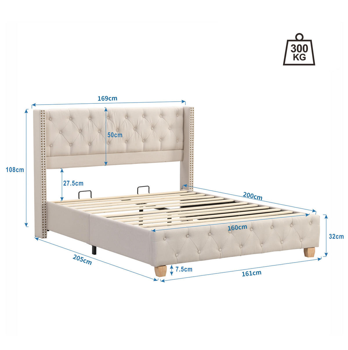 POLSTERBETT mit Kopfteil 160x200 cm Leinen Beige - Beige, Metall (160/200cm) - Meubliv