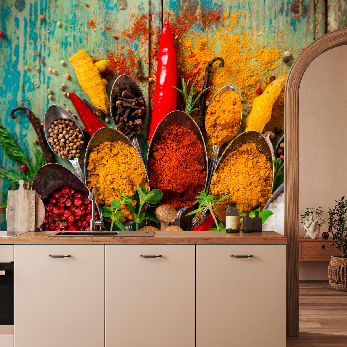 FOTOTAPETE für Küche Gewürze Holz Rustikal Paprika Ingwer 150x105 - Türkis/Blau, Papier (150/105cm) - Muralo