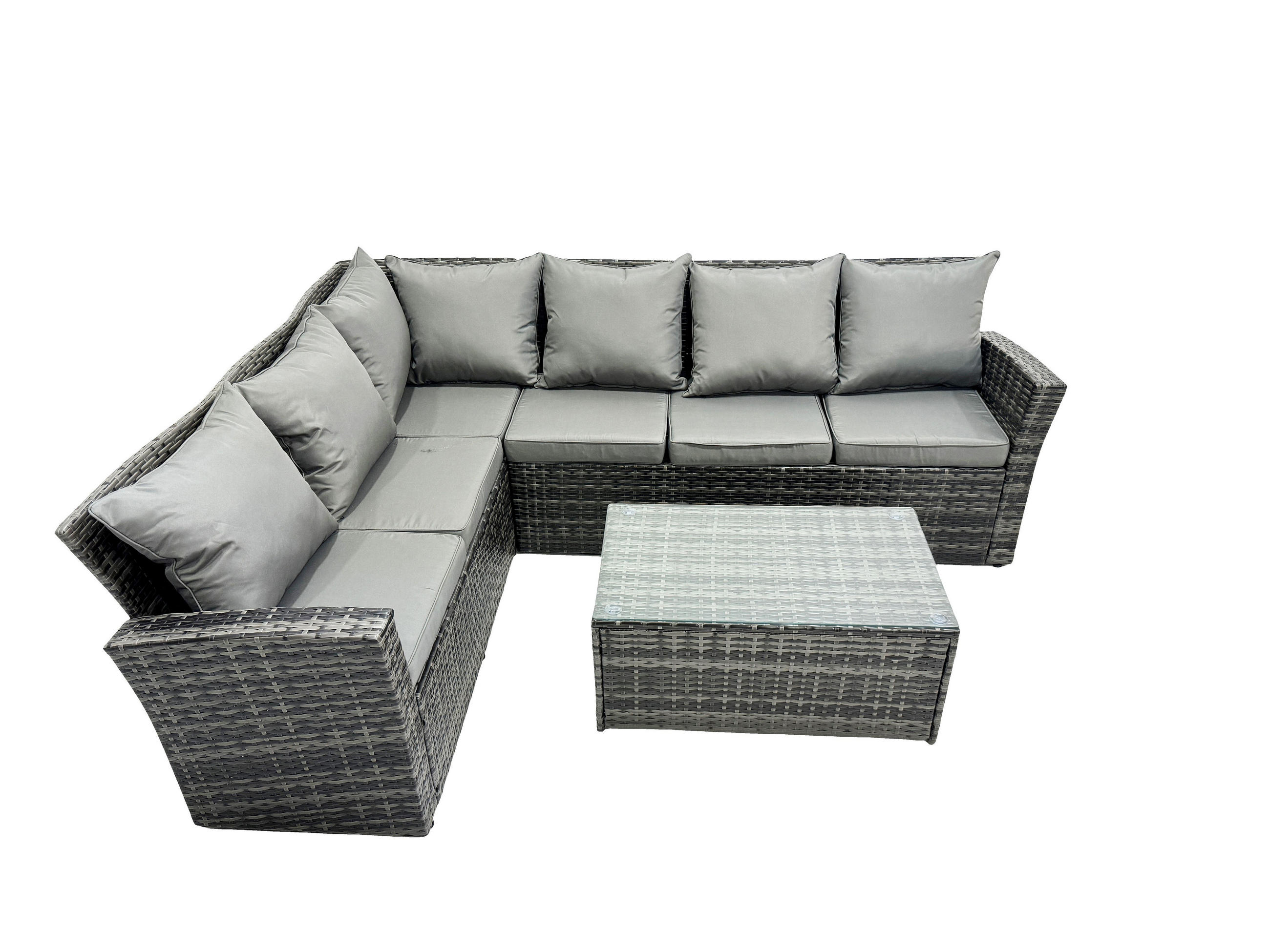 GARTENMÖBELSET linke Ecke Polyrattan Dunkelgrau 6-Sitzer - Dunkelgrau/Grau, Glas/Kunststoff - Fimous