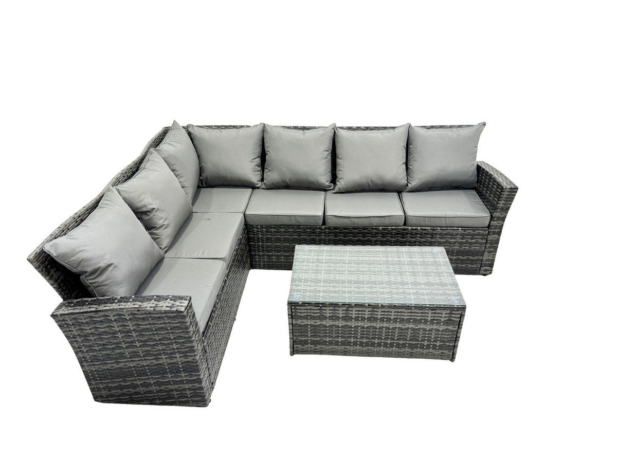 GARTENMÖBELSET linke Ecke Polyrattan Dunkelgrau 6-Sitzer - Dunkelgrau/Grau, Glas/Kunststoff - Fimous