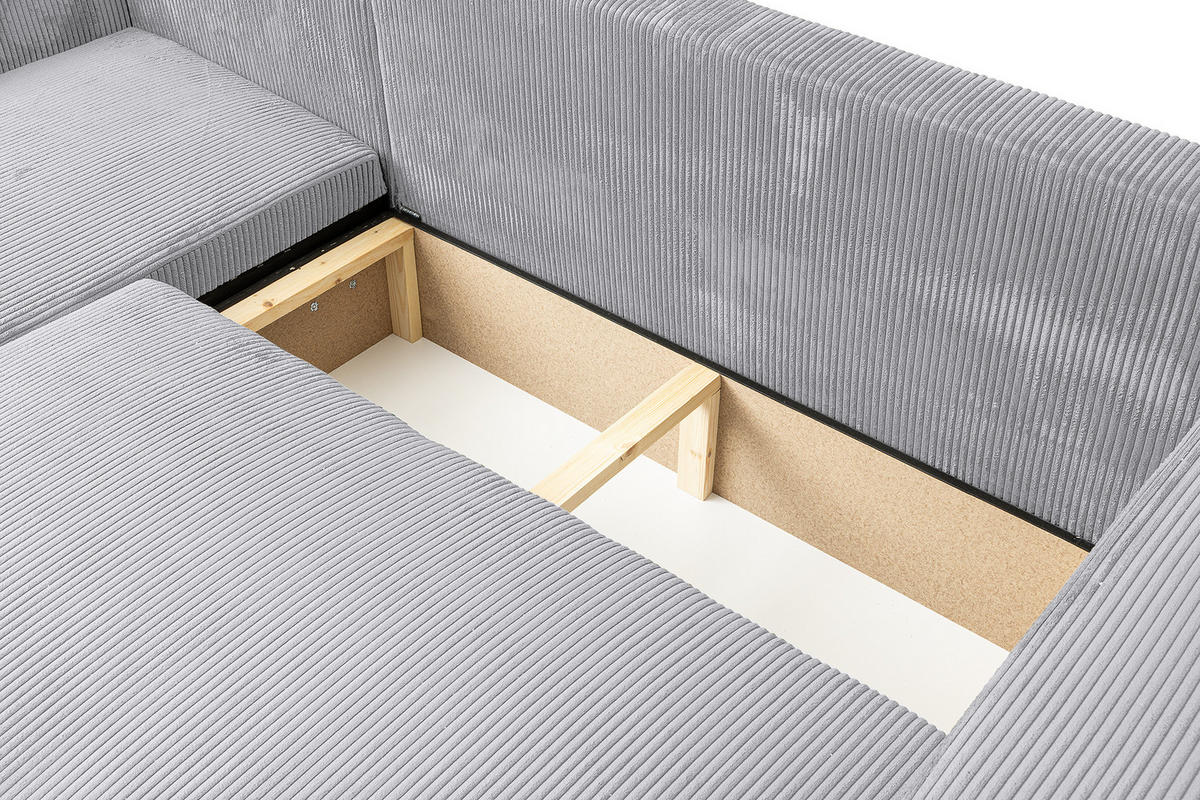 ECKSOFA LUNA mit Schlaffunktion und Bettkasten Cord-Stofff (Hellgrau) - Hellgrau, Textil (244/142cm) - VENASI MÖBEL