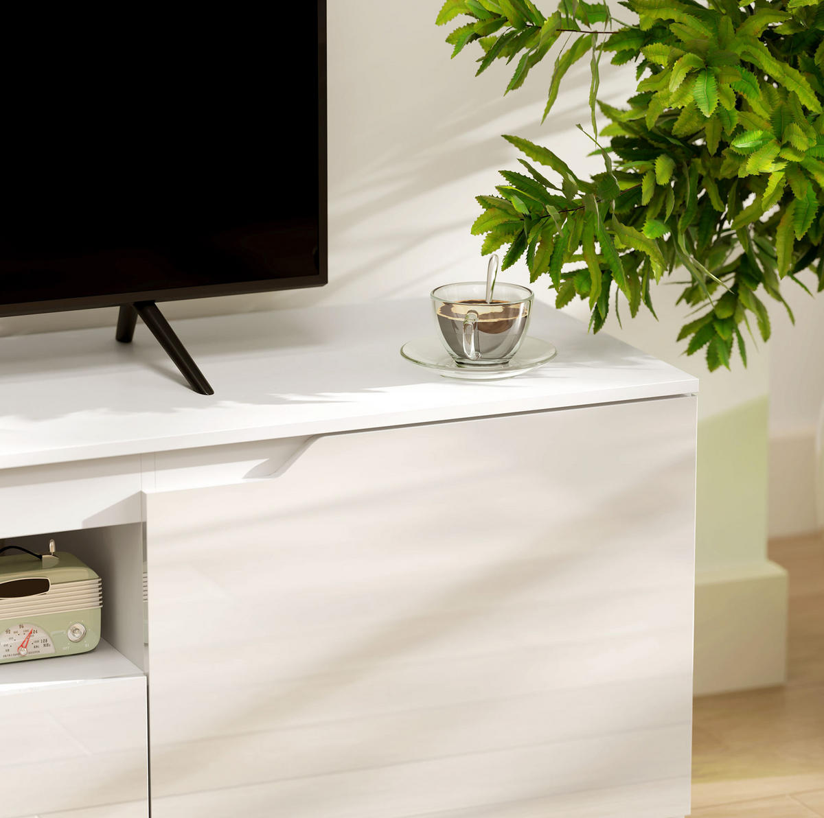 TV komoda 160/38/43 cm bijela, drvena, s odlaganjem i upravljanjem kabela - bijela, drvni materijal (160/43/38cm) - BEAOK