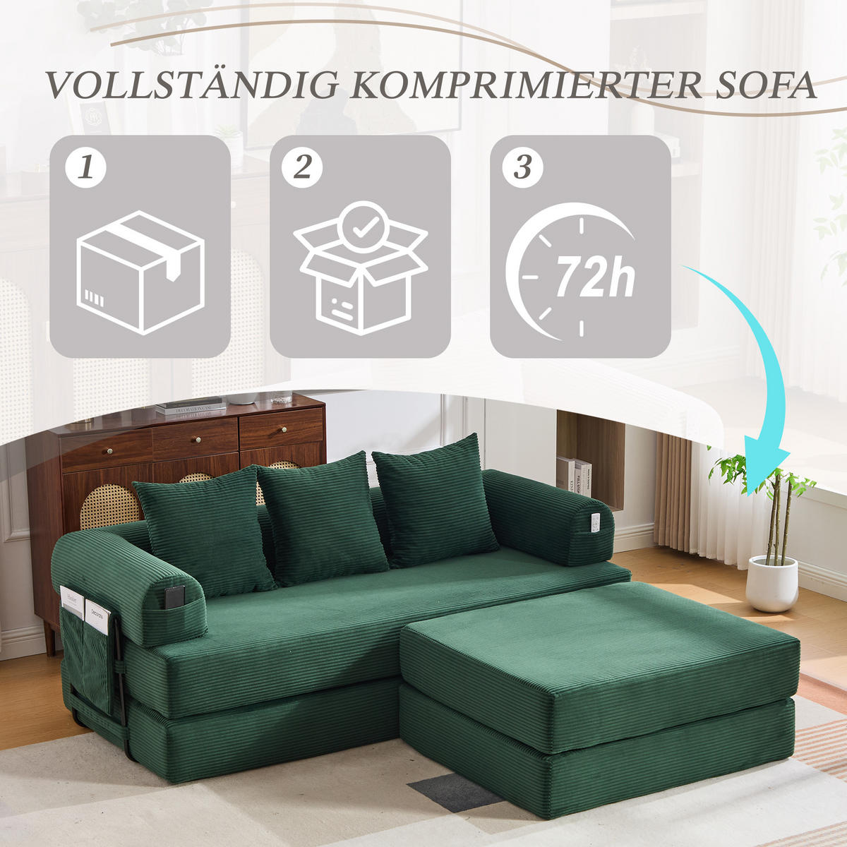 ECKSOFA Cord Smaragdgrün mit Hocker und Kissen - Smaragdgrün, Textil/Metall (218/285cm) - WISHDOR