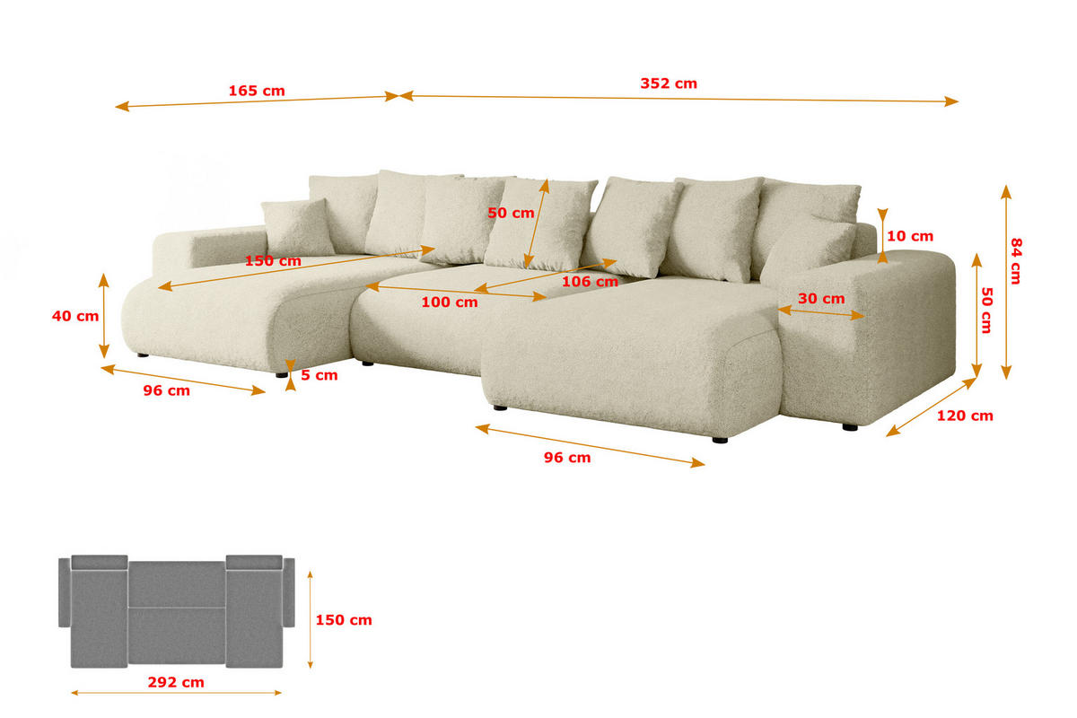 WOHNLANDSCHAFT mit Schlaffunktion und Bettkasten ESKAR-U -352x165x84cm Beige Bouclé - Beige/Schwarz, Holzwerkstoff/Kunststoff (352/84/165cm) - ALTDECOR
