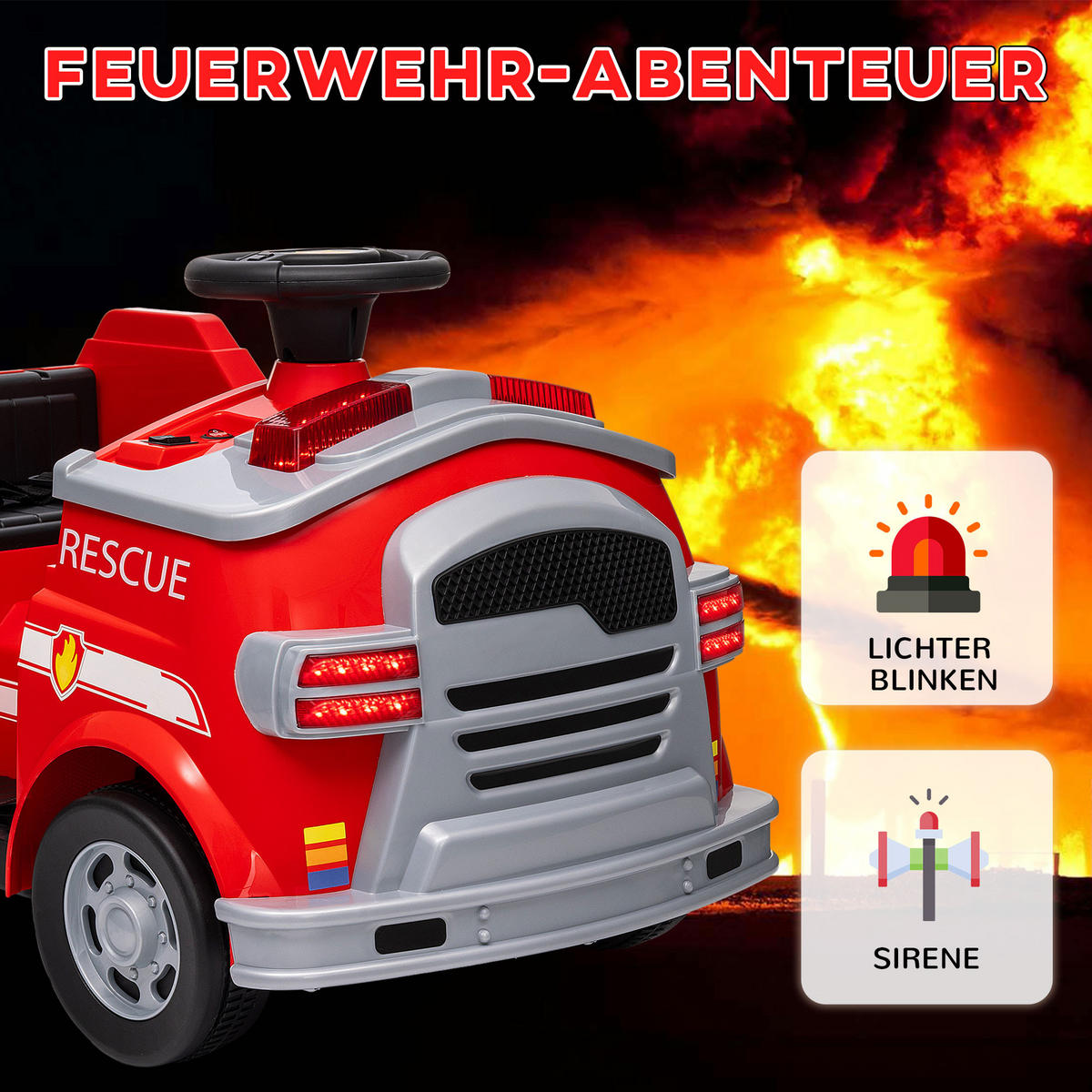 FEUERWEHRAUTO, Elektro-Kinderauto, max. 3 km/h, Sirene, Blaulicht, Werkzeuge, für Kinder 3-5 Jahre - Rot, Kunststoff/Metall (86/49/52cm) - AIYAPLAY