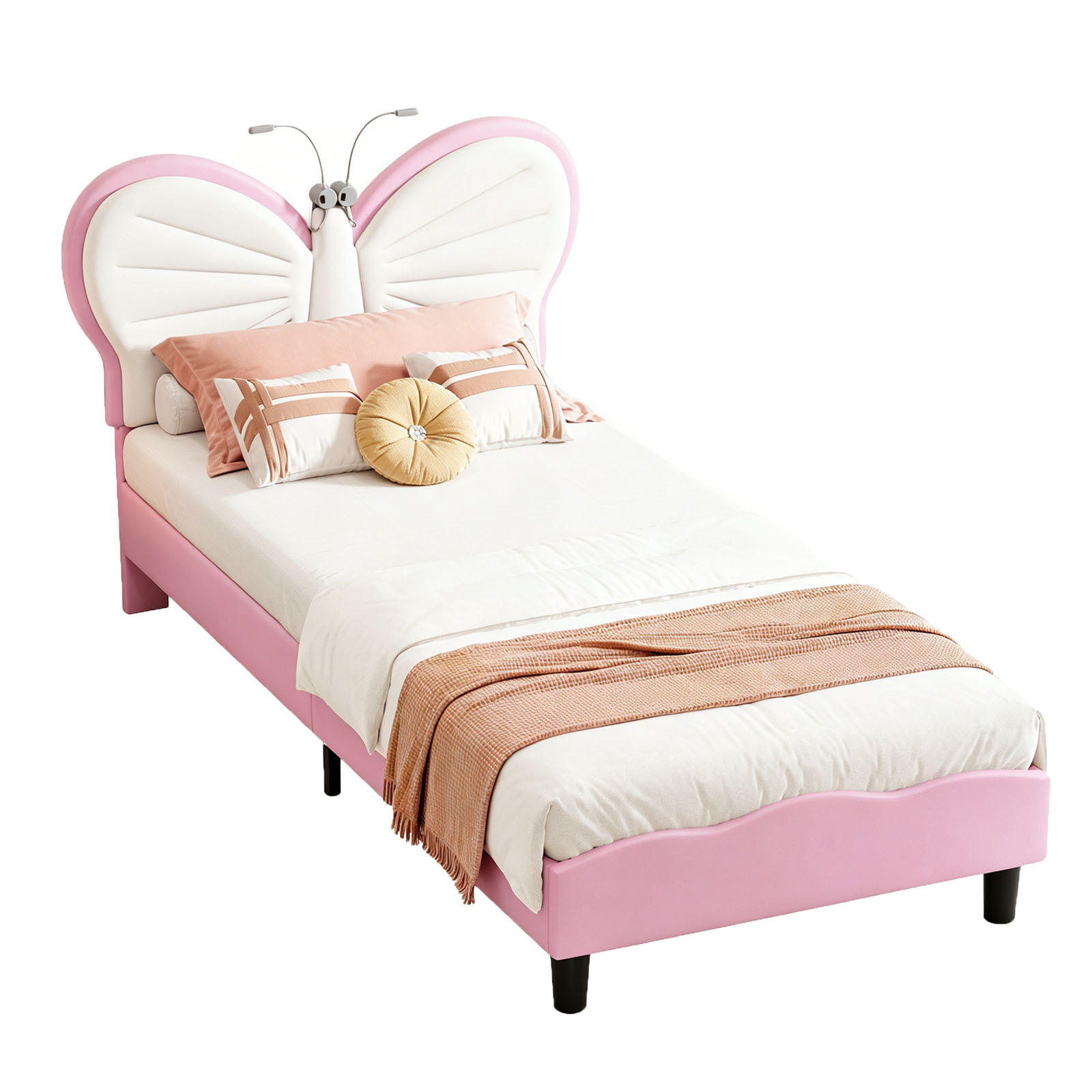 KINDERBETT 90 x 190 cm, Kopfteil in Schmetterlingsform, mit integrierter LED-Leselampe & höhenverstellbarem Kopfteil,Samtmaterial,Weiß und Rosa - Pink, Holz/Metall (90/190cm) - BursDany