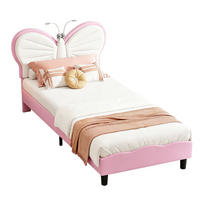 KINDERBETT 90 x 190 cm, Kopfteil in Schmetterlingsform, mit integrierter LED-Leselampe & höhenverstellbarem Kopfteil,Samtmaterial,Weiß und Rosa - Pink, Holz/Metall (90/190cm) - BursDany