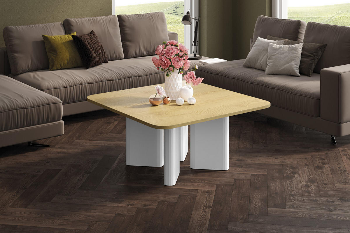COUCHTISCH quadratisch Eiche Natur - Weiß Hochglanz 80/80/50 cm - Weiß Hochglanz/Eichefarben, Holzwerkstoff (80/80/50cm) - designimpex