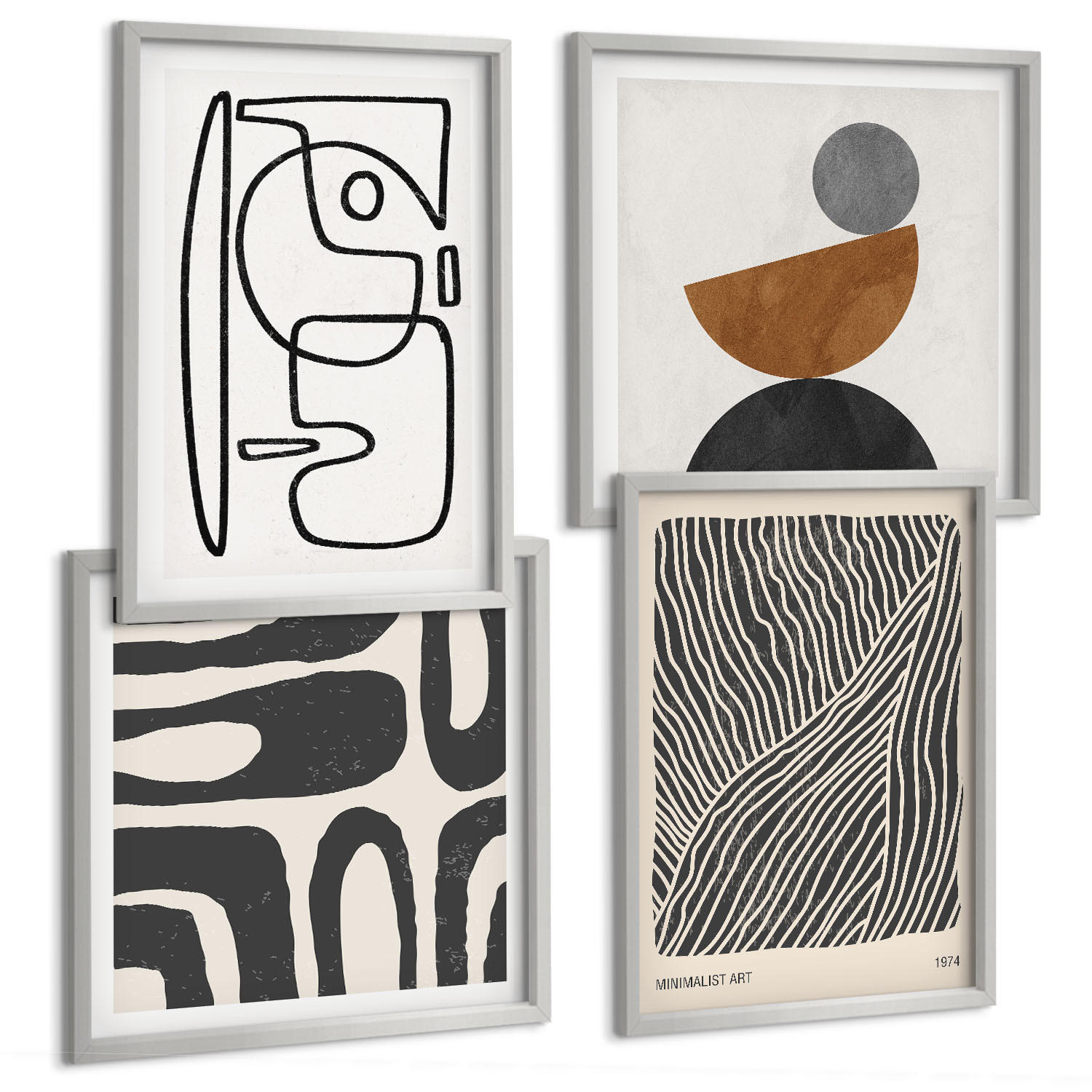 BILDER SET 4er Set - 50x50 cm & 40x60 cm Silberner Rahmen - Abstrakte Muster mit Linien - Silberfarben, Kunststoff (50/50cm) - TULUP
