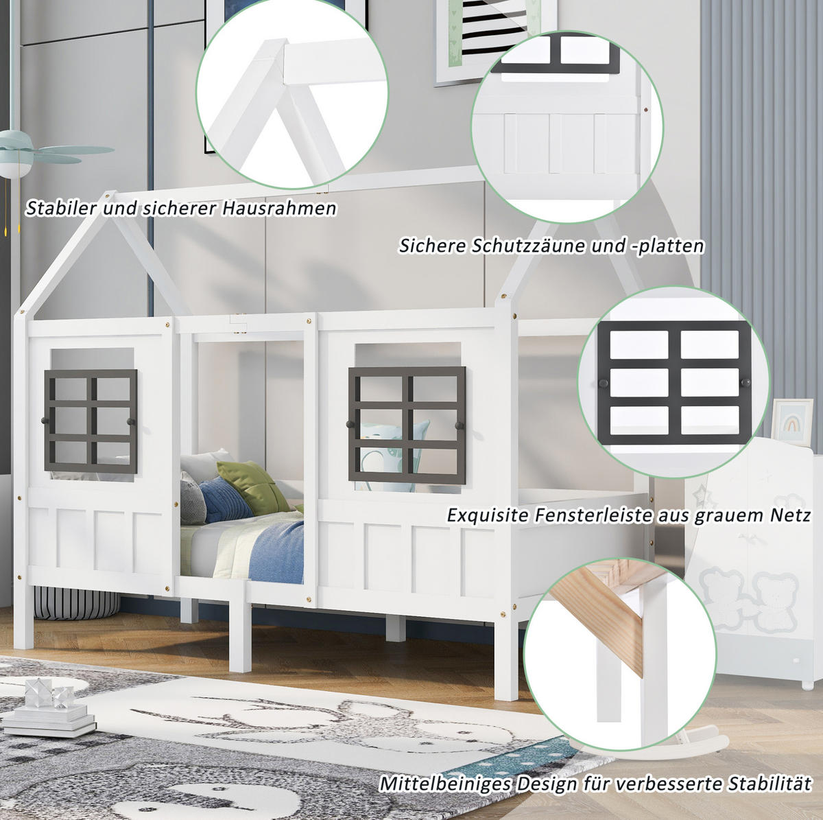 HAUSBETT 90/200 cm mit 2 Schubladen und Doppelfenstern aus Kiefer und MDF, Weiß - Weiß, Holzwerkstoff (90/200cm) - Redom
