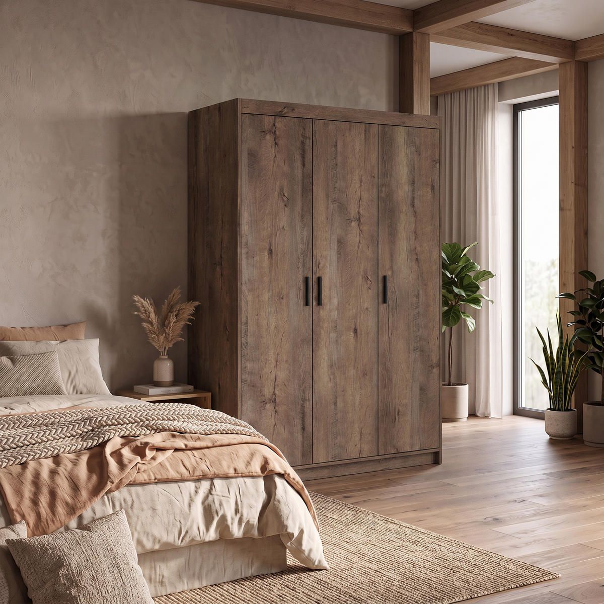 DREHTÜRENSCHRANK Elena mit 3 Türen, ohne Spiegel, Eiche Lefkas - Eichefarben, Holzwerkstoff (130/190/53cm) - Beautysofa