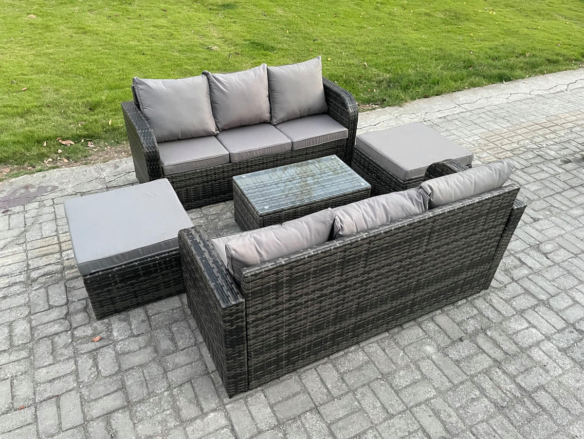 GARTENMÖBEL-SET mit Kissen Polyrattan Dunkelgrau 8-Sitzer - Dunkelgrau/Grau, Glas/Kunststoff - Fimous