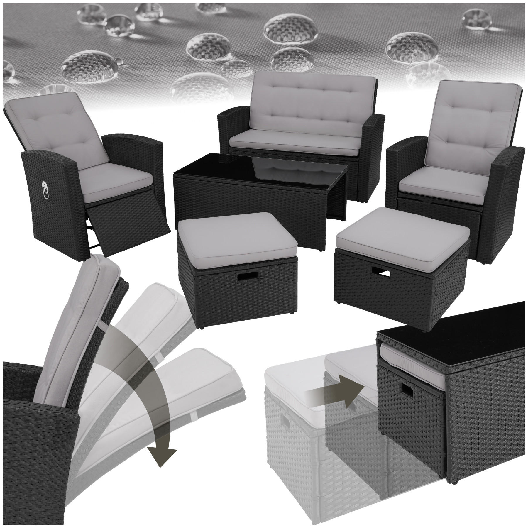 RATTANLOUNGE Bari,mit Sicherheitsglasplatte und Schraubfüßen,schwarz - Schwarz, Kunststoff - tectake