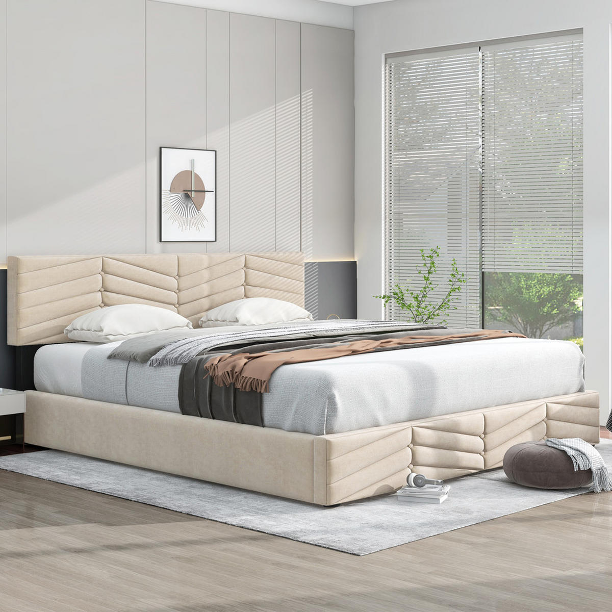 BETT Streifen-Stil Samt 180x200 Beige Hydraulischer Stauraum - Beige, Textil - Raelunyi