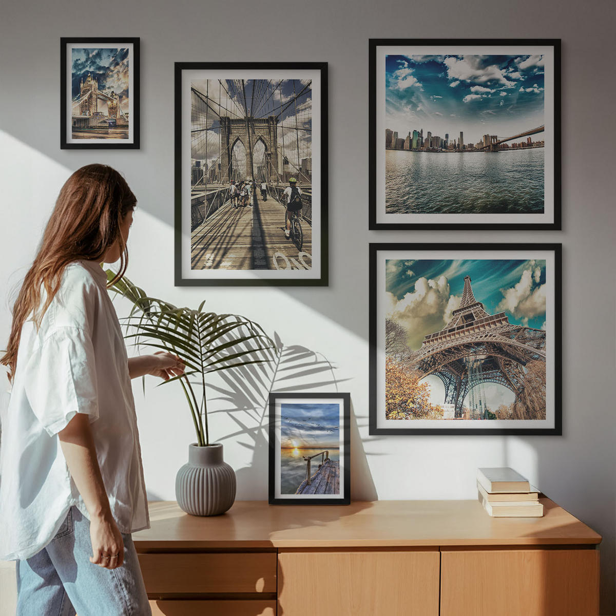 WANDBILDER 5er-Set - 50x50 cm & 20x30 cm & 40x60 cm Schwarzer Rahmen - Abstrakte geometrische Formen - Schwarz, Kunststoff (40/60cm) - ArtPrintCave