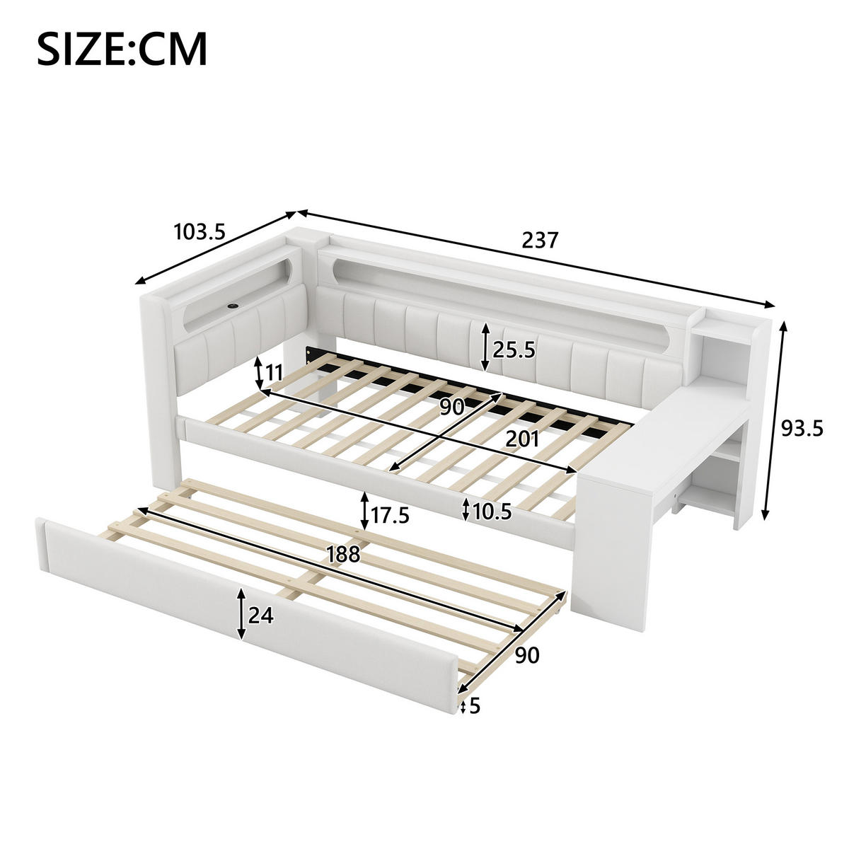 POLSTERBETT 90/200 cm weiß aus MDF mit LED USB Ausziehbett Schreibtisch - Weiß, Holzwerkstoff (90/200cm) - OKWISH