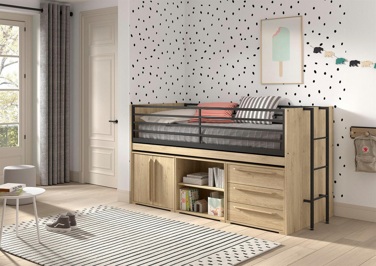 HALBHOCHBETT 90x200 Keelia Eiche mit Schreibtisch Stauraum Set - Eichefarben, Kunststoff - 58aufmkessel