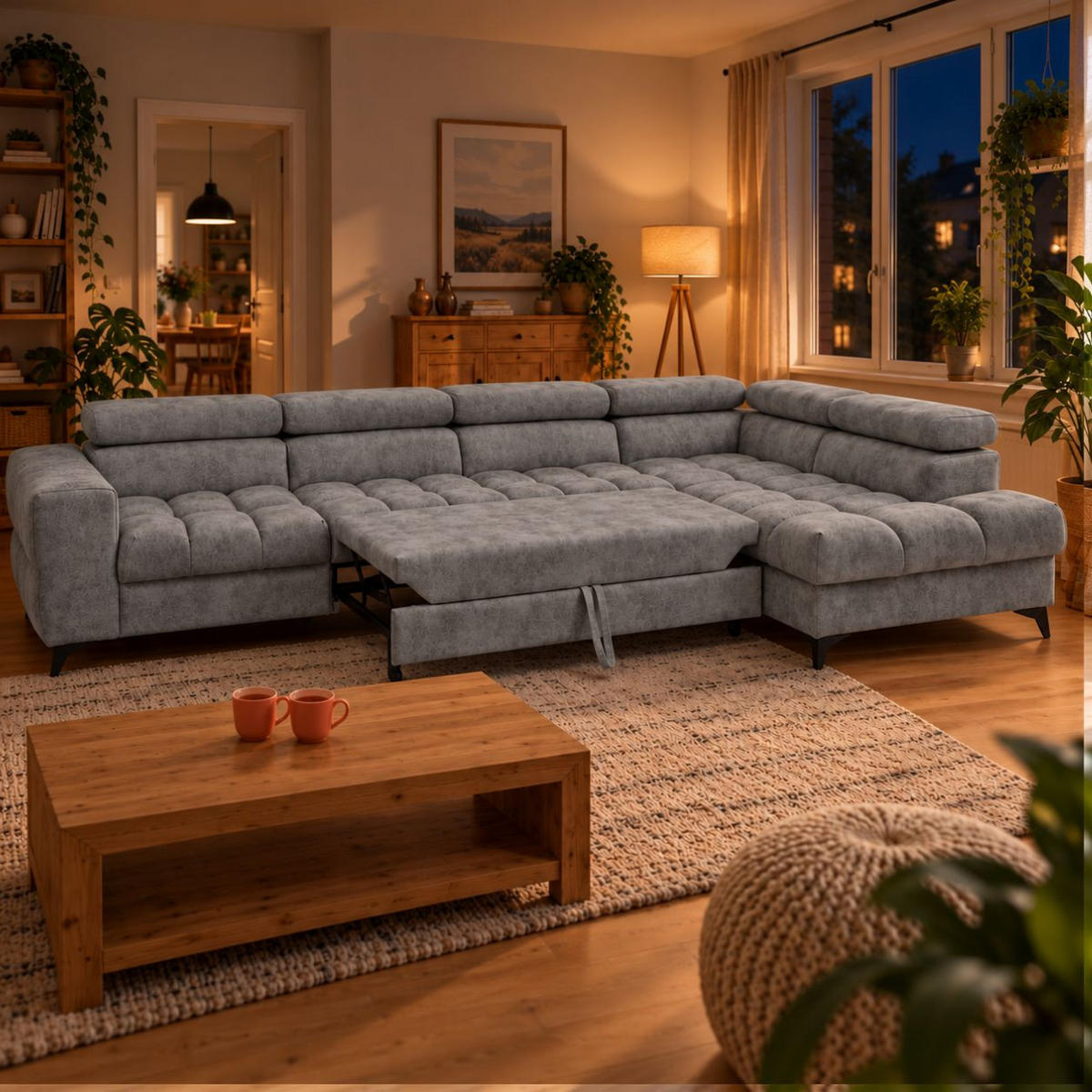 ECKSOFA PUDDING MAXI L Rechts mit Schlaffunktion 125x195 Velours Grau - Schwarz/Grau, Holz/Textil (203/350cm) - Muffo