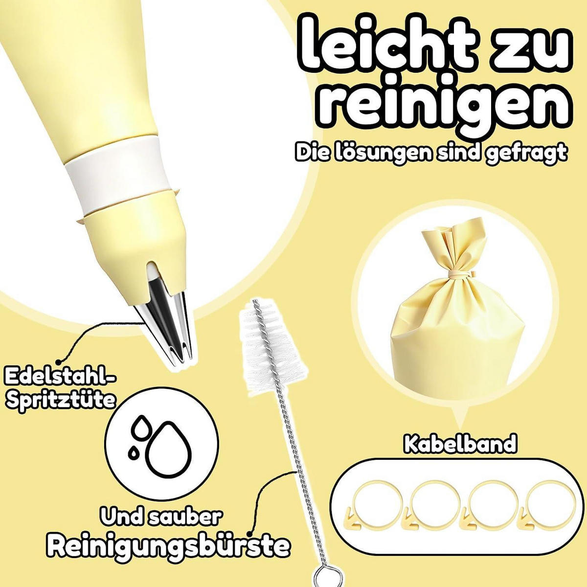 SPRITZBEUTEL Set 30-teilig mit Edelstahl-Tüllen - Gelb, Kunststoff (17/3.4/39.5cm)