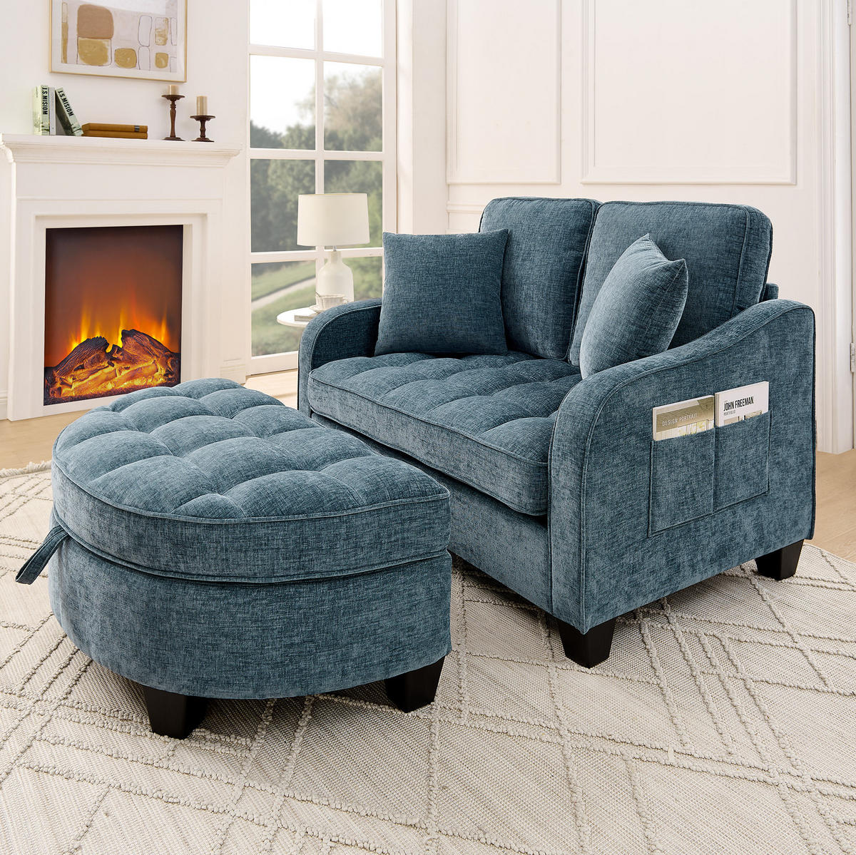 SOFA-BETT 132/129/93 cm aus Eukalyptusholz mit Aufbewahrungshocker Blau - Blau, Holz (129/93/132cm) - Modenvie