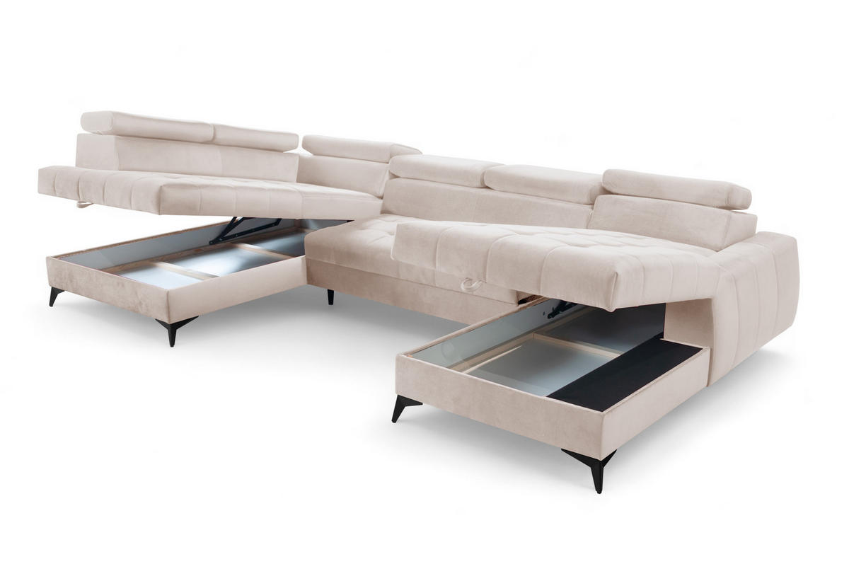 WOHNLANDSCHAFT Arkucio U Beige 345/200/95 cm – großes Sofa mit Schlaffunktion R - Beige/Schwarz, Textil/Metall (345/95/200cm) - AX Living