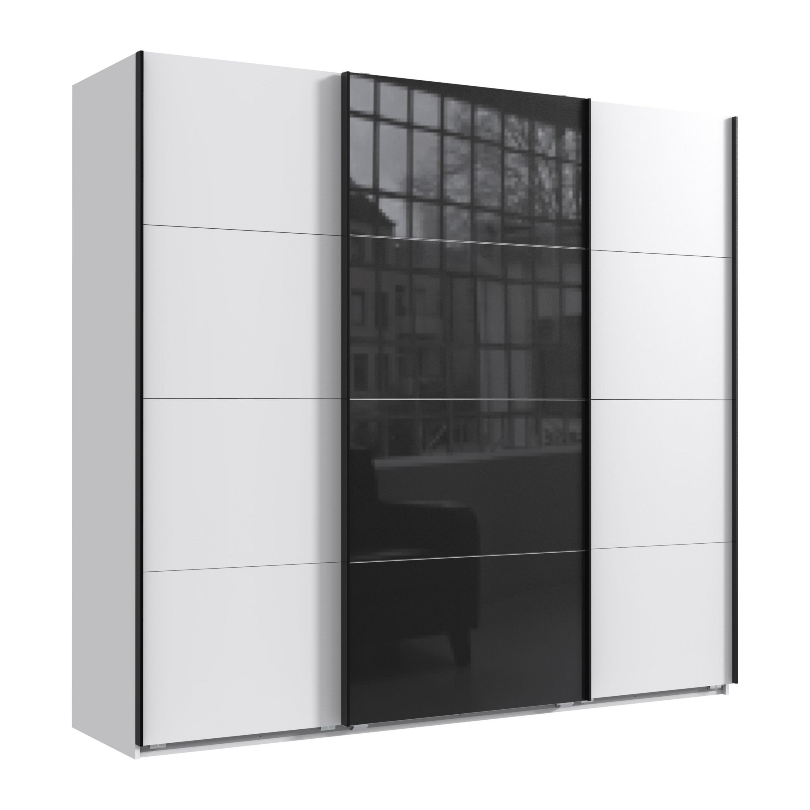 SCHWEBETÜRENSCHRANK 3-türig in Weiß, eine Tür mit Glasfront Schwarz, B225/H208/T64 cm / 22522 - Schwarz Hochglanz/Schwarz, Holzwerkstoff/Metall (225/208/64cm) - luma-home