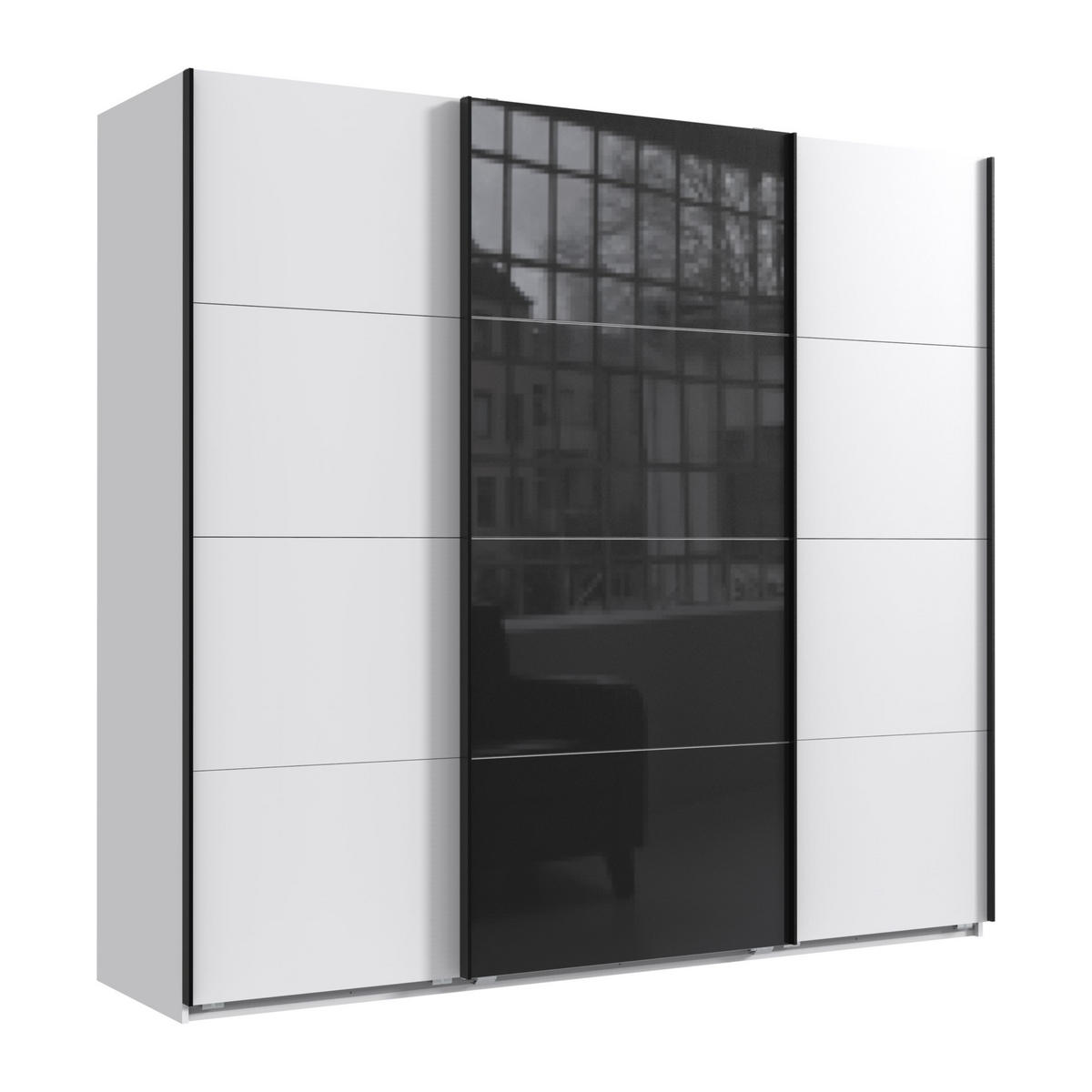 SCHWEBETÜRENSCHRANK 3-türig in Weiß, eine Tür mit Glasfront Schwarz, B225/H208/T64 cm / 22522 - Schwarz Hochglanz/Edelstahlfarben, Holzwerkstoff/Metall (225/208/64cm) - luma-home
