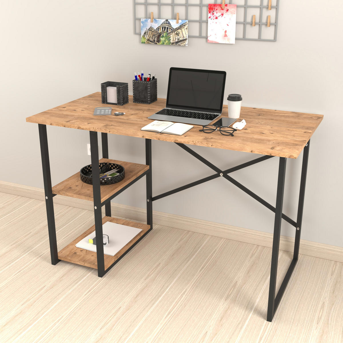 SCHREIBTISCH Nittedal - Eichefarben/Schwarz, Holzwerkstoff/Metall (60/120/75cm) - [en.casa]