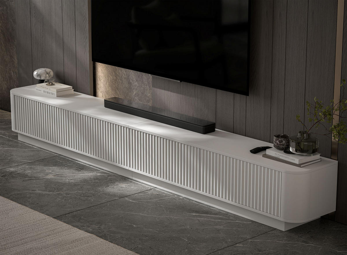 TV omarica Aurora, komplet 2 kosov s podstavkom, mat bela, 280 cm - bela, leseni material (280/37/35cm) - Meble Lindner