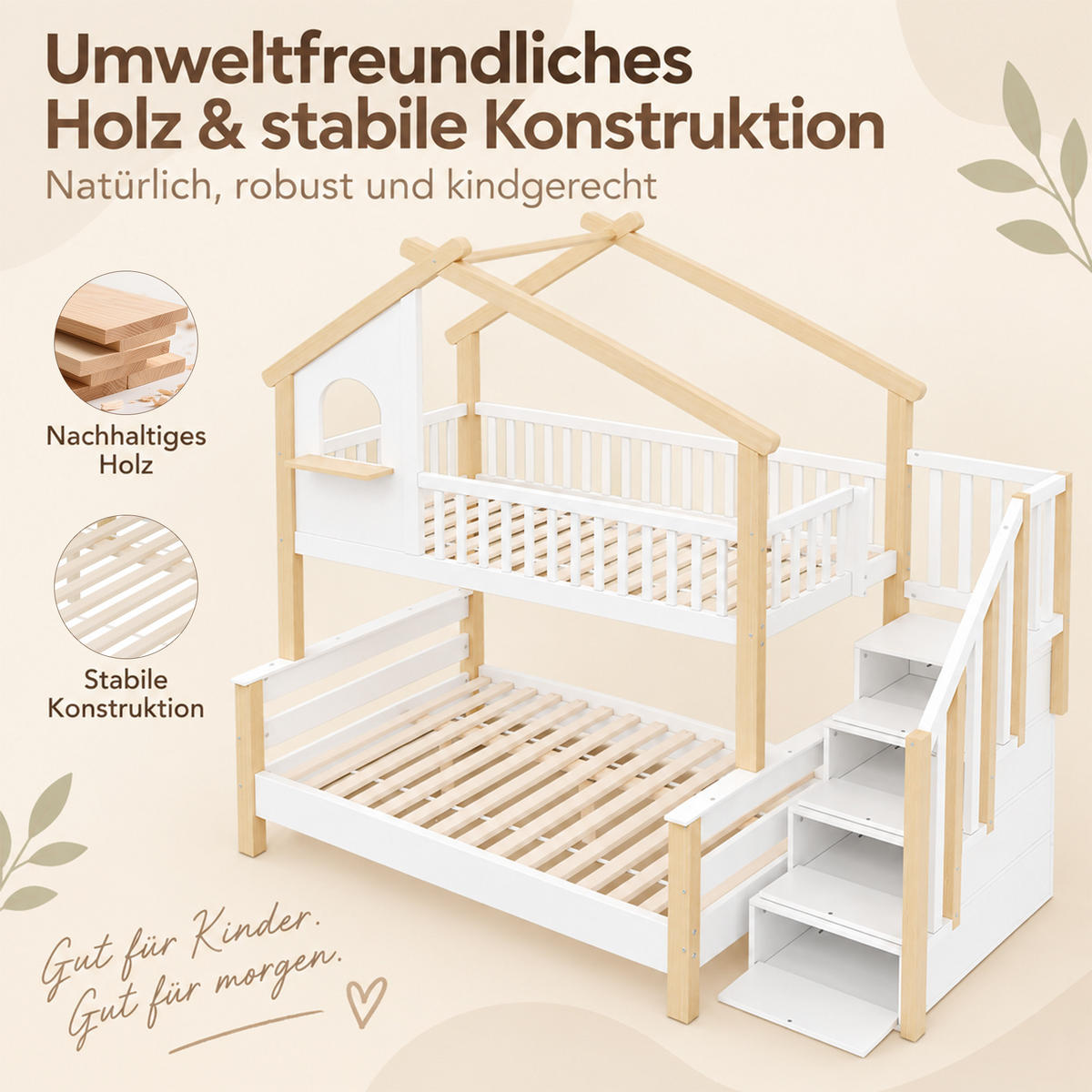 ETAGENBETT 90x190/120x190 mit Treppe/Stauraum, Rausfallschutz, Holz - Weiß, Holz (90/190cm) - LVHOM