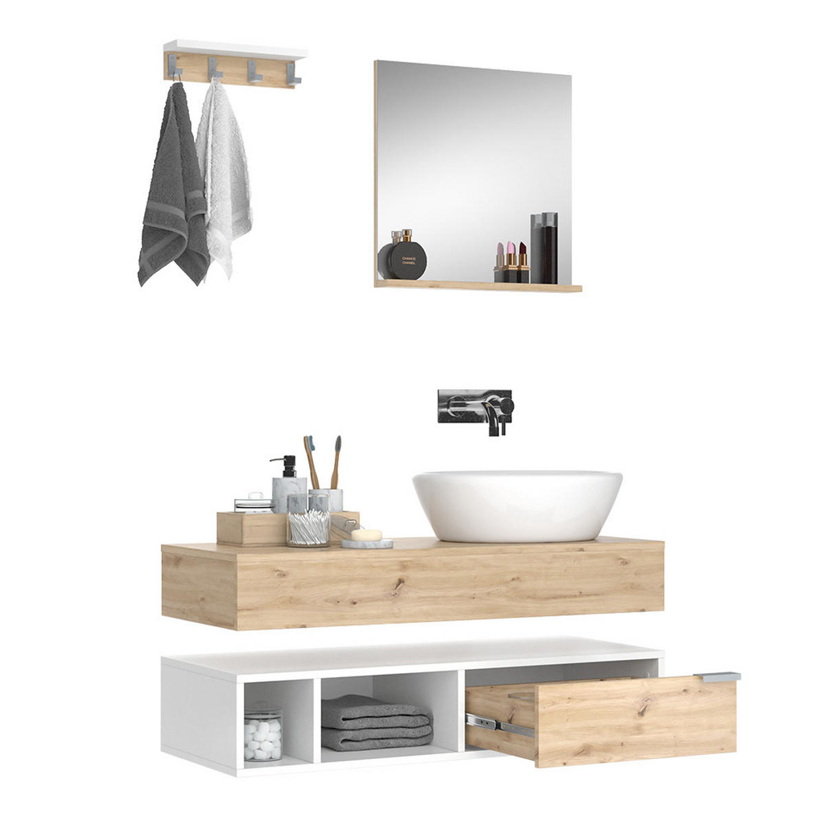 BADMÖBEL-SET Henri Weiß 4 Teile - Weiß/Eiche Artisan, Holzwerkstoff (100/20/40cm) - Vicco