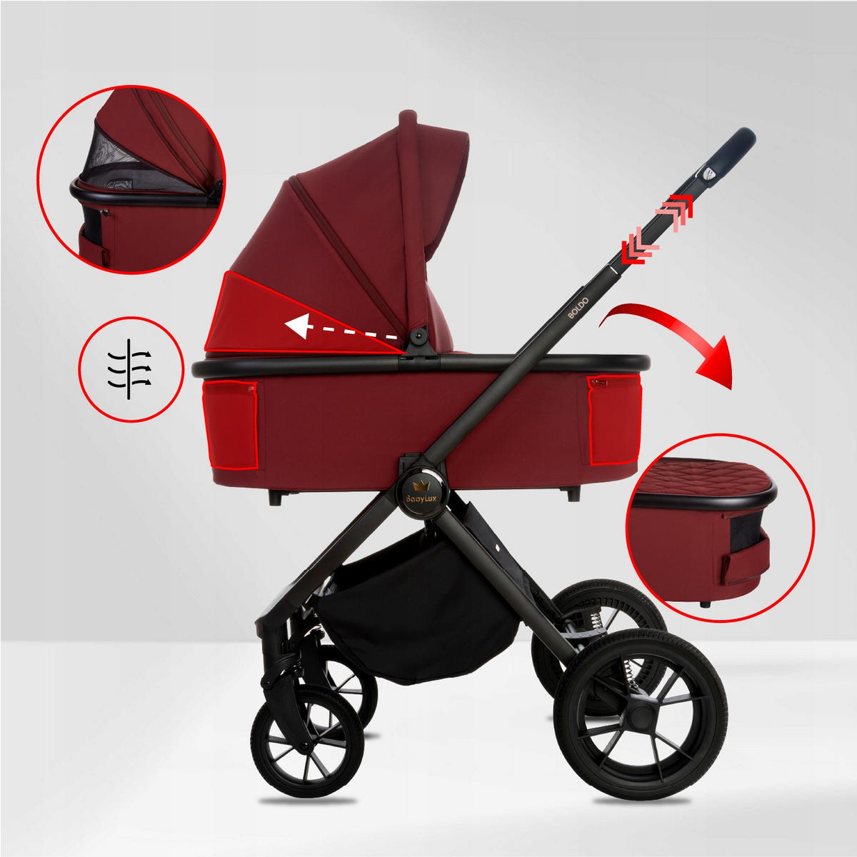 KINDERWAGEN Boldo 3in1 Brownie Babywanne, Buggy Sportsitz, Babyschale I-Size - Weinrot/Schwarz, Textil/Metall (58/98cm) - BabyLux