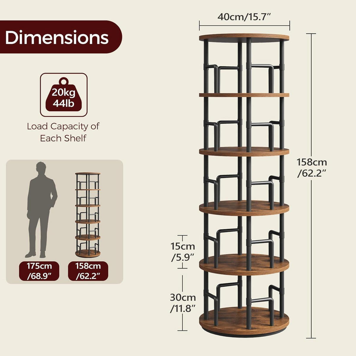 BÜCHERREGAL mit Drehfunktion 5 Ebenen - Braun, Holzwerkstoff (40/160/40cm)