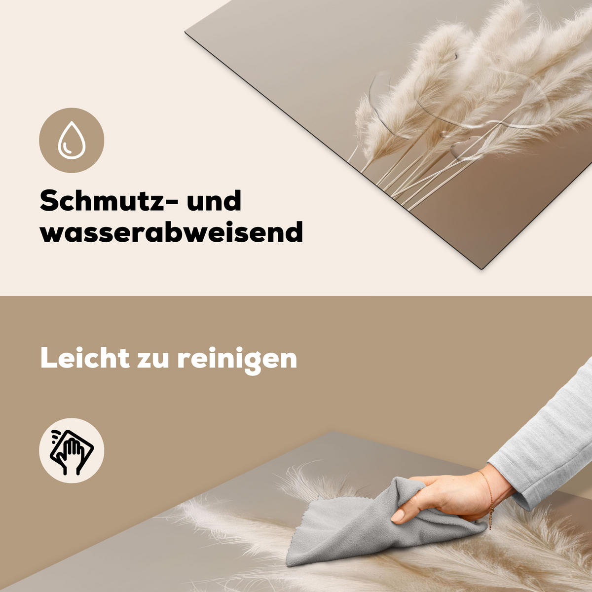 HERDABDECKPLATTE Pampasgras - Federn - Pastell - Weiß 77x59 cm - Creme, Kunststoff (77/59/0.2cm) - MuchoWow