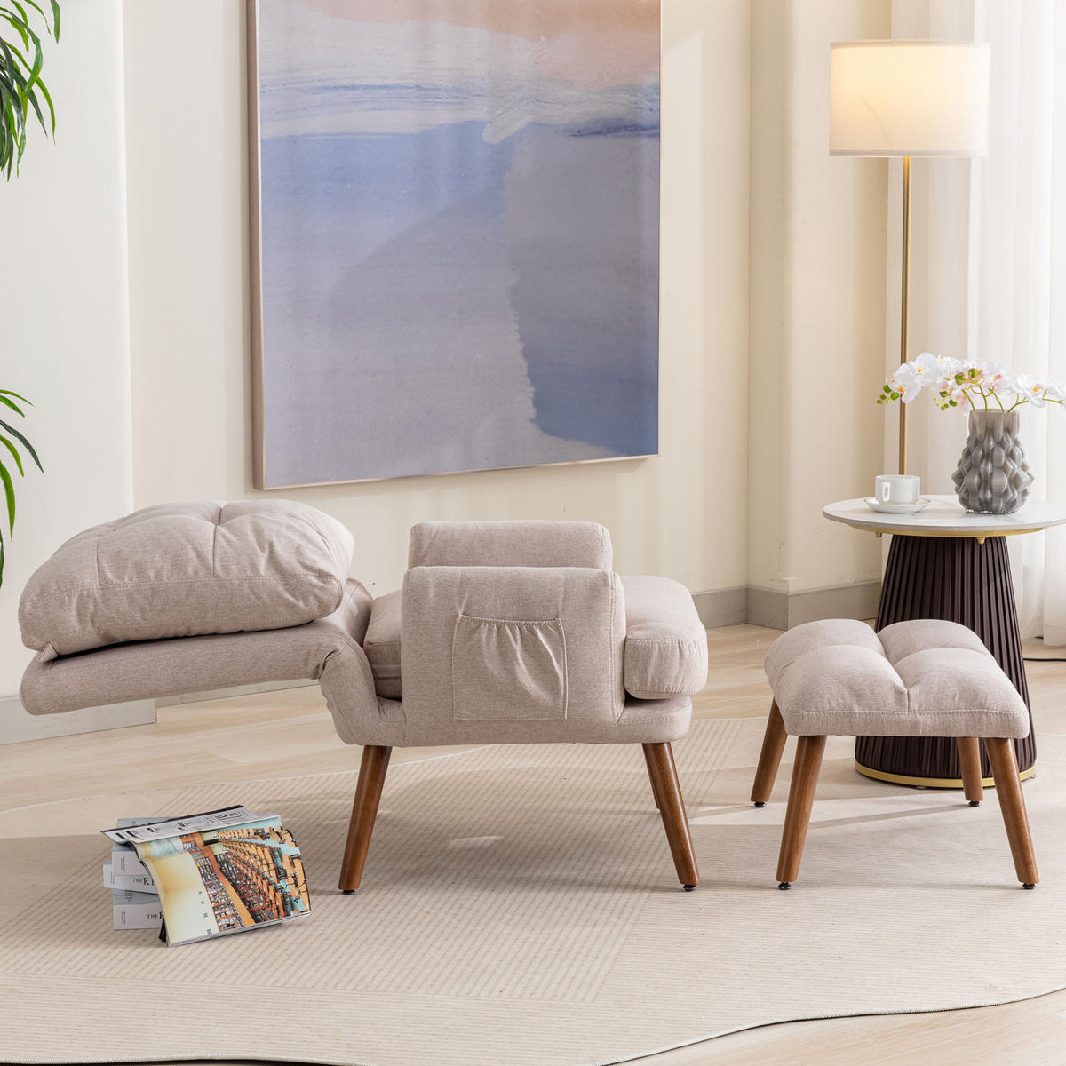 LOUNGSESSEL Verstellbar 5-stufig Neigbar Fußstütze Ablage - Beige, Holz (115.5/31/66.5cm) - FLIEKS