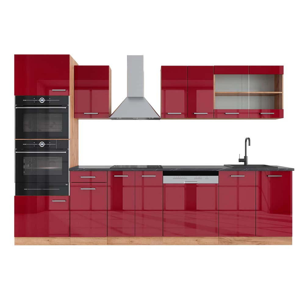 KÜCHENZEILE R-Line Rot Hochglanz/Goldkraft Eiche 300 cm mit Hochschrank, AP Anthrazit - Rot/Eiche Wotan, Holzwerkstoff (300/81.6/60cm) - Vicco